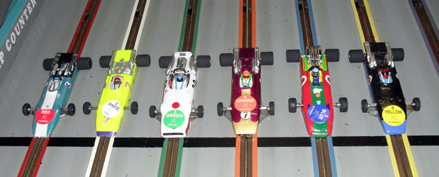 F1 cars ready for the start. L to R;<br />Stoo, Charles, James, Stephanie, Darryl and Jake.