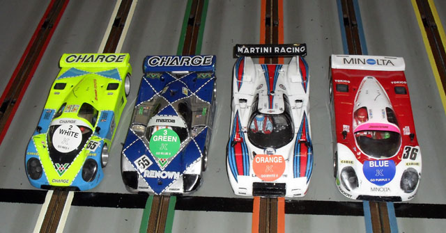 The cars of the Lexan Group C race.<br />L to R;<br />Dale, Jake, Stoo and Brad