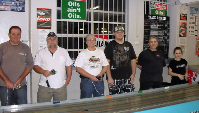 All the 1/24th CanAm drivers ready for the Start. L to R;<br />New Racer Dave, Brad, Stoo, Jake, Dale ans Stephanie