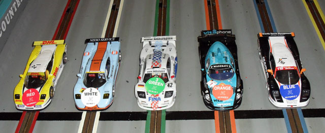 The cars of the 1/32 Modern GT race.<br />L to R;<br />Steph, Dale, Jake, Stoo and eventual Winner Brad.