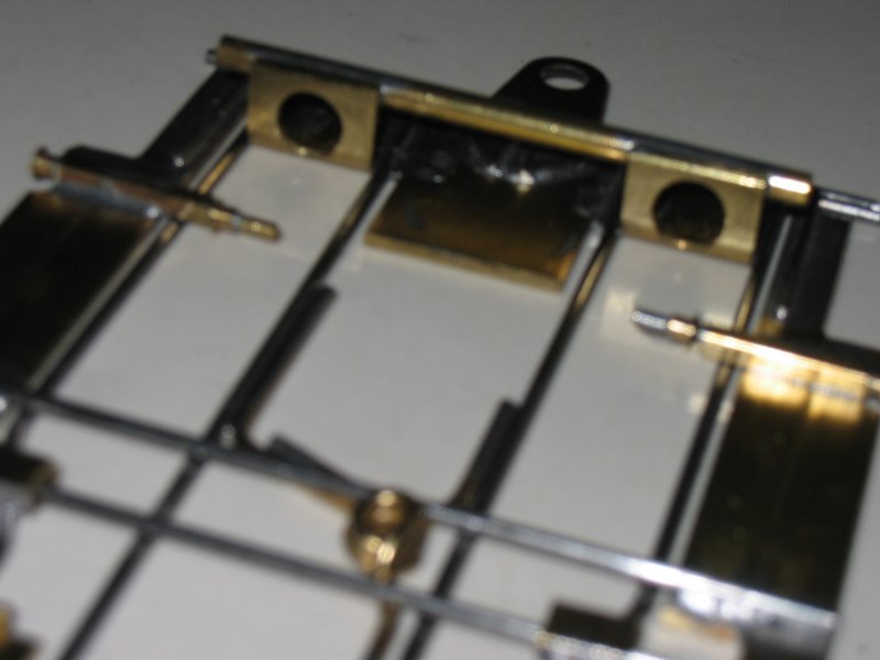 Bare chassis showing front detail - front wheels are supported by bent up .062" X .500" K&S brass strip.