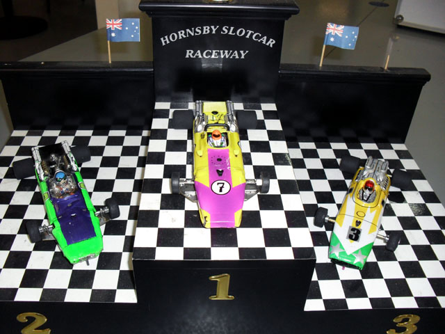 The F1 Podium cars;<br />Troy's, Cody's and Dale's