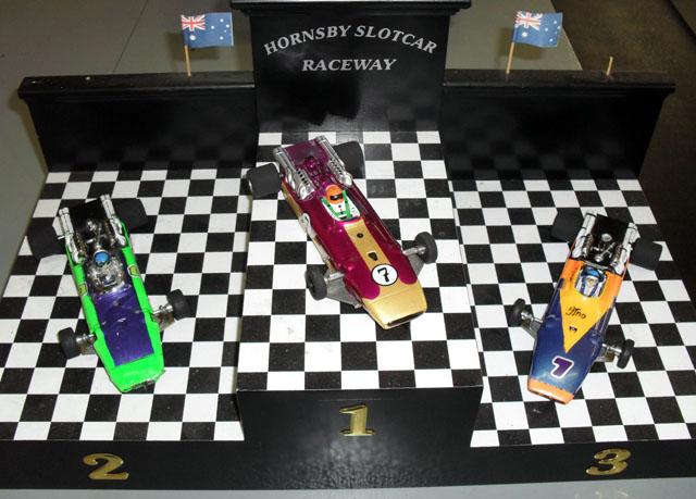 Retro F1 Winners.<br />I Screwed up and so John and Troy's cars are reversed. Troy's car on Left, John's 3nd place car in Middle and My 3rd place car on right.