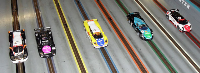 The 1/32 cars at the start;<br />Brad, James, Stephanie, Stoo and Jake