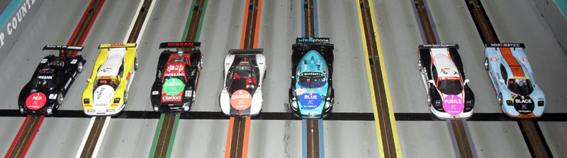 The 1/32 Modern GT Div' 1 cars at the Start.<br />James, Steph, Kim, Jake, Stoo, Troy and Dale.