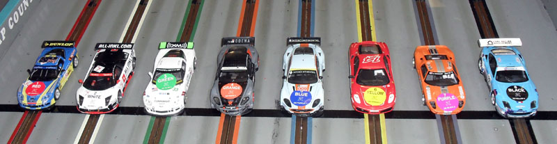 The 1/32 Modern GT Div' 2 cars ready for the Start.<br />James, Jake, Kim, Dale, Stoo, JJ, Troy and Paul.